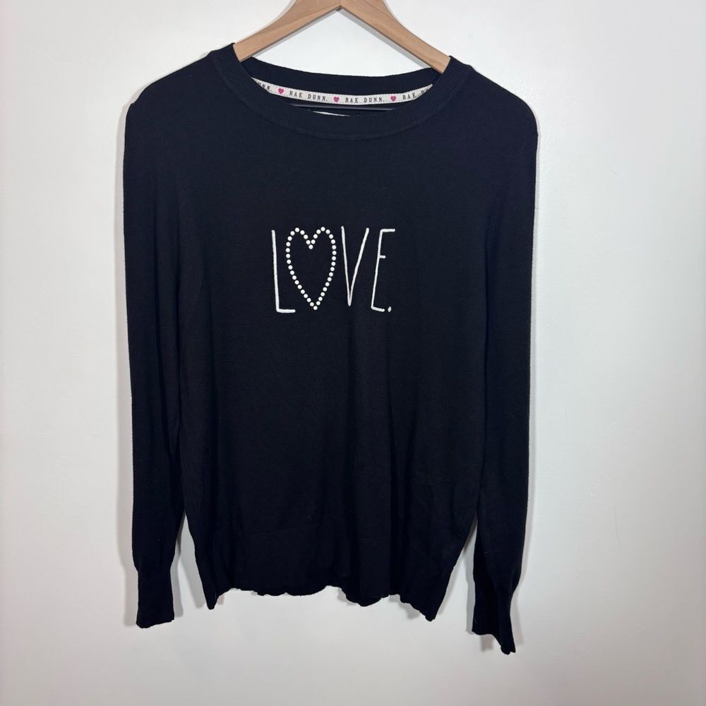 Rae Dunn Black Studded 'LOVE' Puff Sleeve Pullover Sweater NWT Large Black Cozy